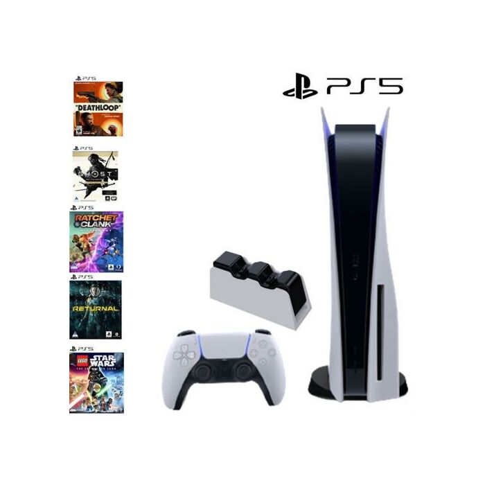 PlayStaion 5 Hardware - PS5 Console Bundle (825GB) Disc + 1 Controller + PS5 Charging Station + 5 Games (Deathloop