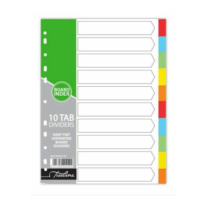 Treeline A4 160gsm Board File Dividers 10 Tab Bright Deep Tint Unprinted Not Numbered-(Tab 1-10)