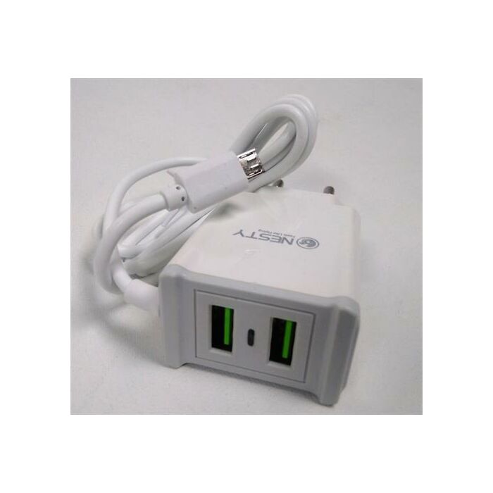 Nesty GRTA006 Dual USB Port Wall Charger And Built In Micro USB Cable - 2 Pin EU Power Adaptor 