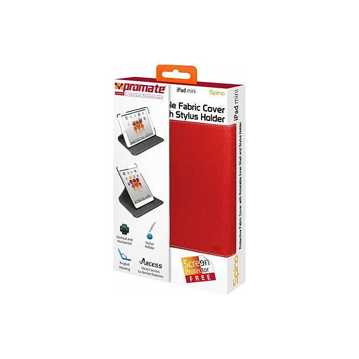 Promate Spino Protective Fabric Cover with Rotatable Inner Shell and Stylus Holder for iPad mini-Red