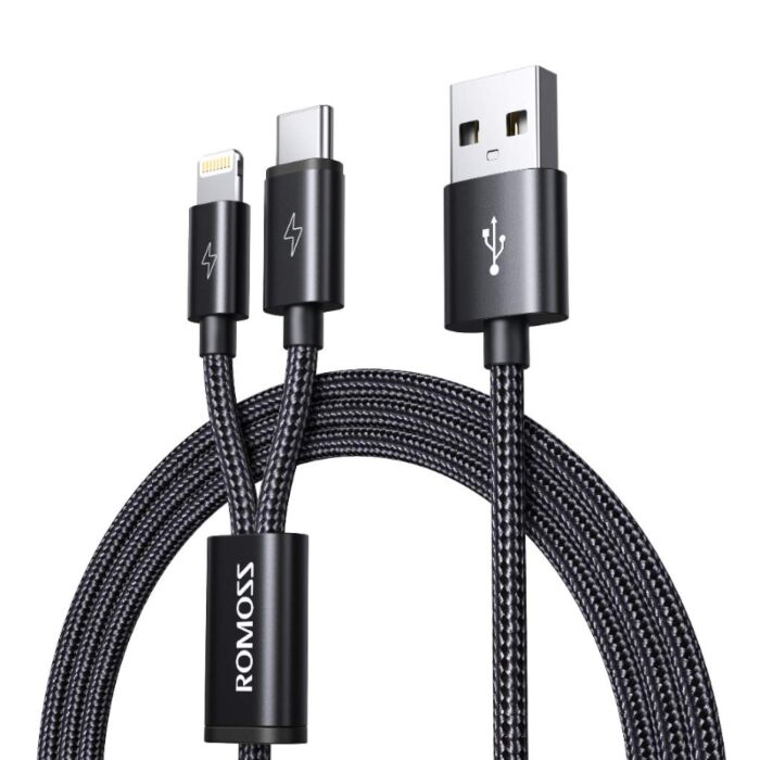 Romoss USB A to Lightning and Type C 1.5m cable Space Grey Nylon Braided Cable