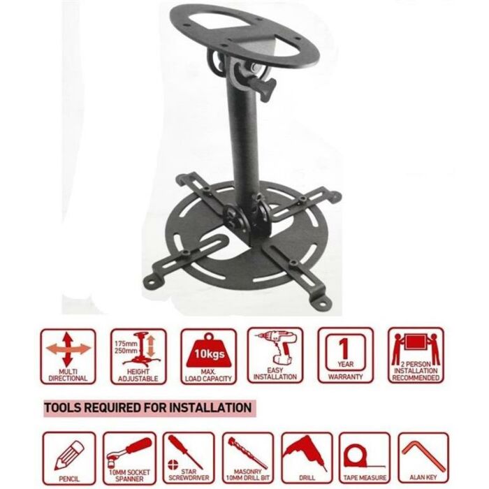 Ellies Universal Ceiling Mount Projector Bracket-Multiple swivel directions 175mm to 250mm Height Adjustable 10kg Load Capacity