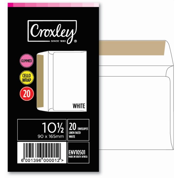 CROXLEY JD10 and a Half Linen Faced White Gummed Envelopes - 90X165 - Banded 20s (Box of 20 Packets)