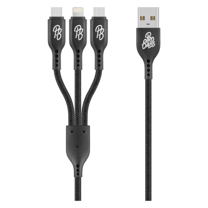 Pro Bass Braided 3 in 1 Charge Cable - Black