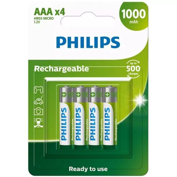 PHILIPS RECHARGEABLE BATTERY AAA 4 PACK 1000MAH