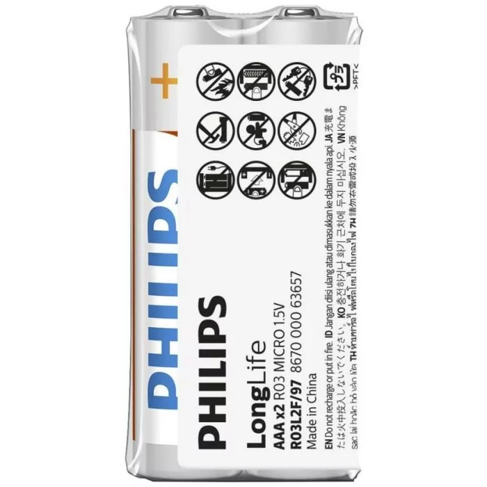 PHILIPS LONGLIFE BATTERY AAA 2 PACK - R03L2F/40