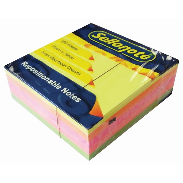 SELLO-NOTE 75x75mm 5 Assorted Colours Neon 1x250 Sheets Box-10