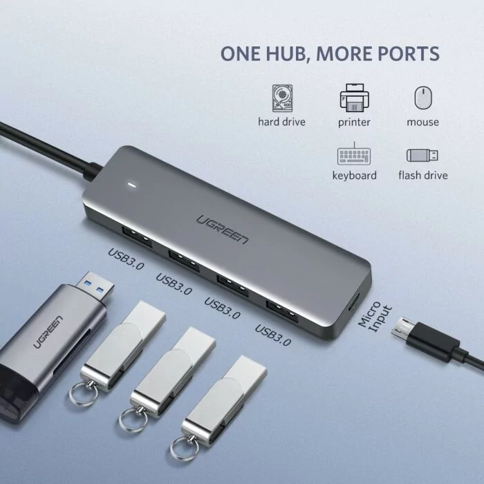 Ugreen 50985 USB 3.0 to 4port USB 3.0 Hub (Micro USB power Port)