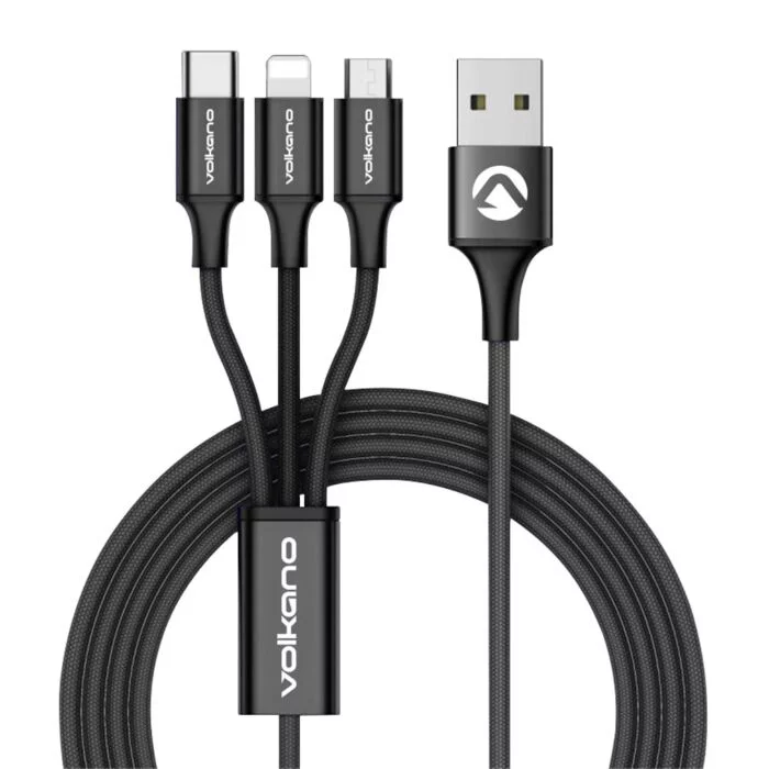 Volkano Trio series 3 in 1 charge cable - Type C Lightning Micro USB - Black