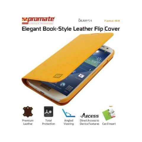 Promate Tama-S4 Elegant Book-Style Leather Flip Cover for Samsung Galaxy S4-Orange