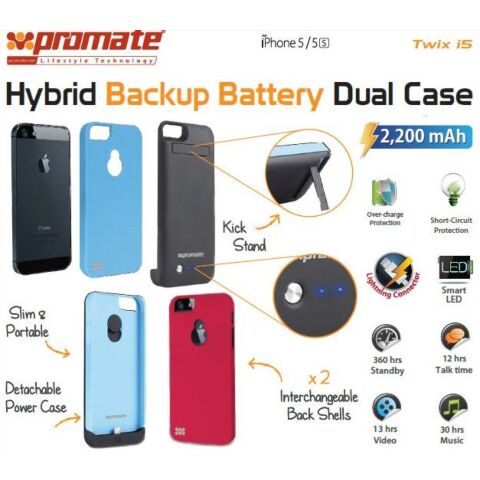 Promate Twix.i5-Hybrid Backup battery Dual case for iPhone5/5s-Blue