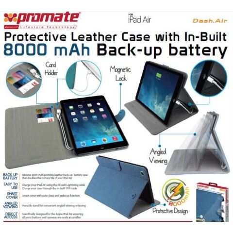 Promate Dash-Air Protective Leather Case with In-Built 8000 mAh Back-up battery-DarkBlue