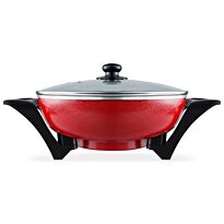 Mellerware Electric Bangkok Wok- 33x9cm, 1500w Tempered Glass Lid With Steam Vent, Die Cast Aluminium Finish, High Quality Non-Stick Coating, Cool Touch Handles, Includes Steam And Drip Rack, Colour Red , Retail Box 1 Year Warranty
