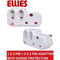Ellies Power Socket Extension Adaptor with Surge protection-1 x 3 Pin 16A Socket and 2 x 2 Pin 5A Euro sockets, OEM Poly bag, 6 months Warranty