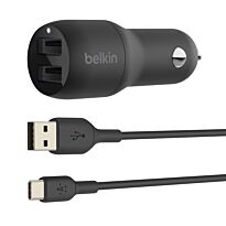 Belkin -  BoostCharge Dual USB-A Car Charger 24Watt  - Includes USB-A to USB-C Cable - Black