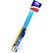 Marlin 6 Piece Writing Pack- 30cm Ruler, Black Ball Point Pen, Blue Ball Point Pen, Rubber Tipped Pencil, Sharpener, Eraser, Colour Blue, Retail Packaging, No Warranty