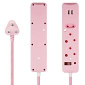 SWITCHED 3 Way Surge Protected Multiplug with Dual 2.4A USB Ports 3M Braided Cord Pink